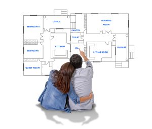 Conveyancer, Young attractive couple in love happy together planning and pointing blueprints floor plan and design of new house home flat or apartment in real state concept